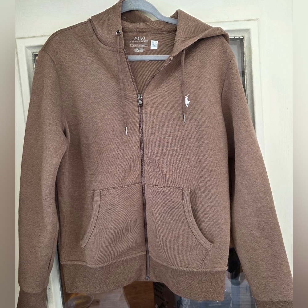 Polo Ralph Lauren Brown Zip-Up Double Knit Hoodie with Logo Sz Small